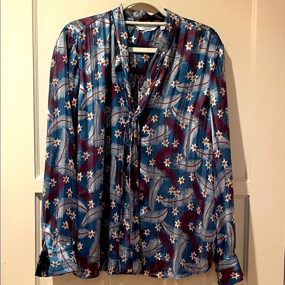 & Other Stories Teal, Crimson and Cream Floral & Feather Top